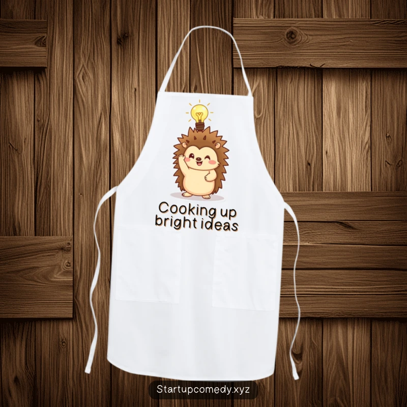 Funny Hedgehog Apron for the kitchen, showing a character with a lightbulb, perfect for cooks.