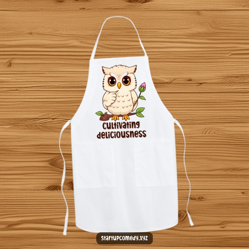 Funny owl apron, wise character pointing at a plant, protecting clothes, humorous gardening gift.