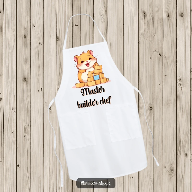 Funny Hamster Apron, a cheerful hamster enthusiastically building a tower of tiny blocks, ready to assist in the kitchen.