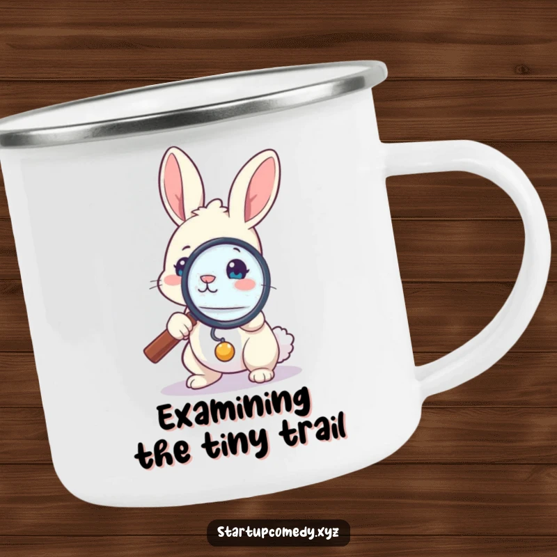 Funny bunny camping mug, brave rabbit with magnifying glass, outdoor adventure, detailed observation, rugged humorous gift.
