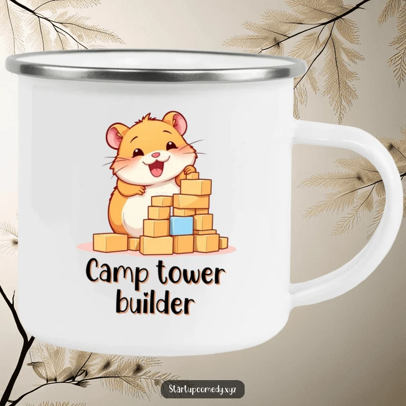 Funny Hamster Camping Mug, a cheerful hamster enthusiastically building a tower of tiny blocks, ready for outdoor construction.