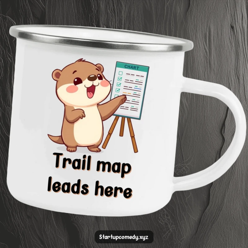 Funny Otter Camping Mug featuring a character pointing at a chart, celebrating exploration and goals.