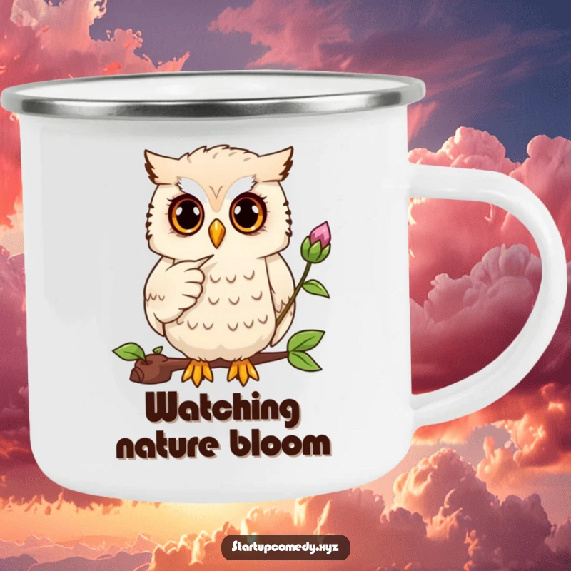 Funny owl camping mug, wise character pointing at plant, outdoor adventure, nature wisdom, rugged humorous gift.