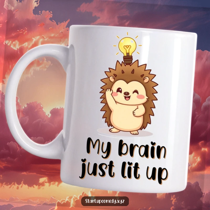 Funny Hedgehog Mug with a glowing lightbulb, symbolizing a bright idea, perfect for creators.