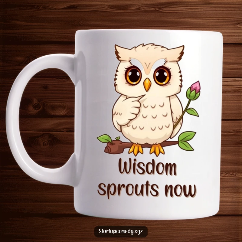 Funny owl mug, wise mentor pointing at budding plant, focused expression, gardening inspiration, plant lover gift.