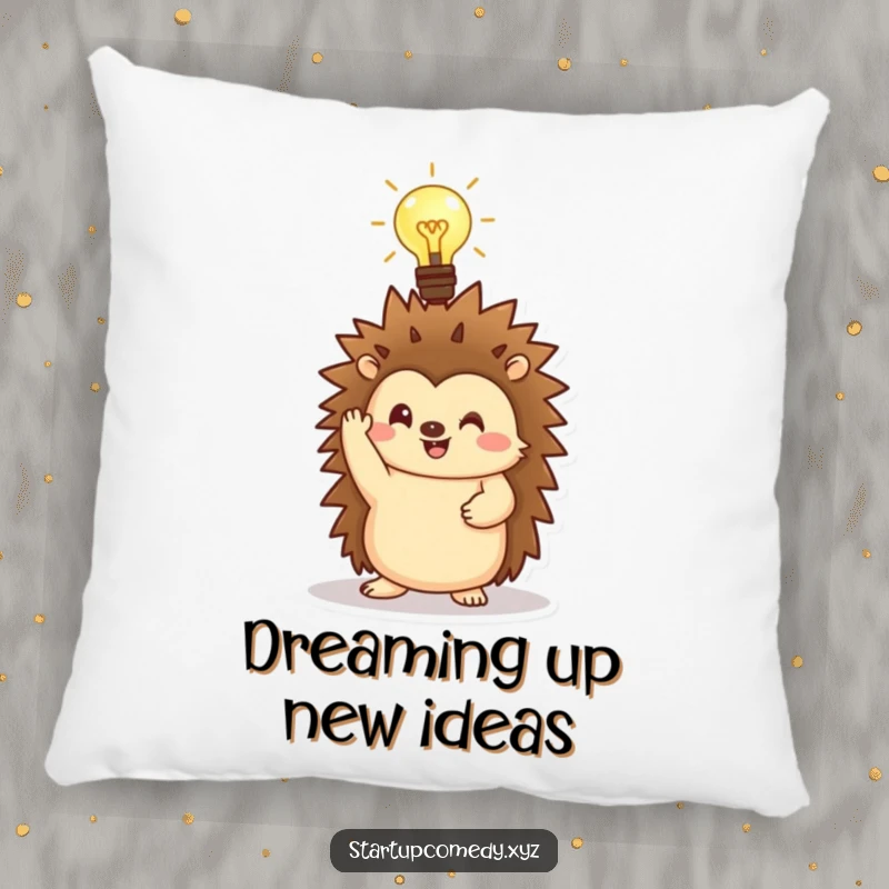 Funny Hedgehog Pillow featuring a character holding a luminous lightbulb, a symbol of comfort and ideas.