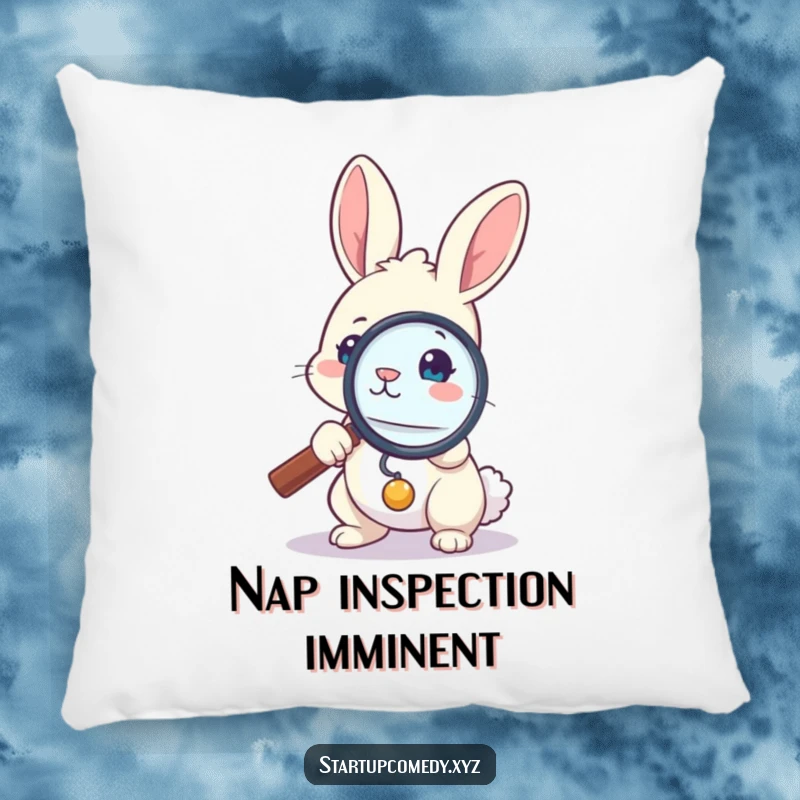 Funny bunny pillow, brave rabbit holding magnifying glass, focused on tiny object, soft cushion, curious comfort gift.