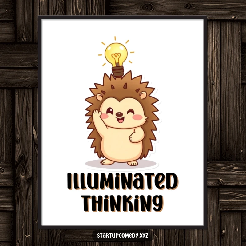 Funny Hedgehog Digital Art Print of a character with a lightbulb, symbolizing innovation and wit.