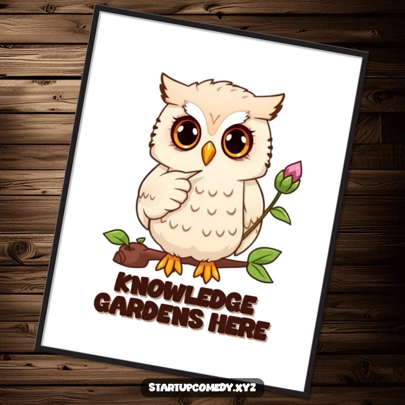 Funny owl digital art print, focused character pointing at budding plant, instant download decor, nature theme.