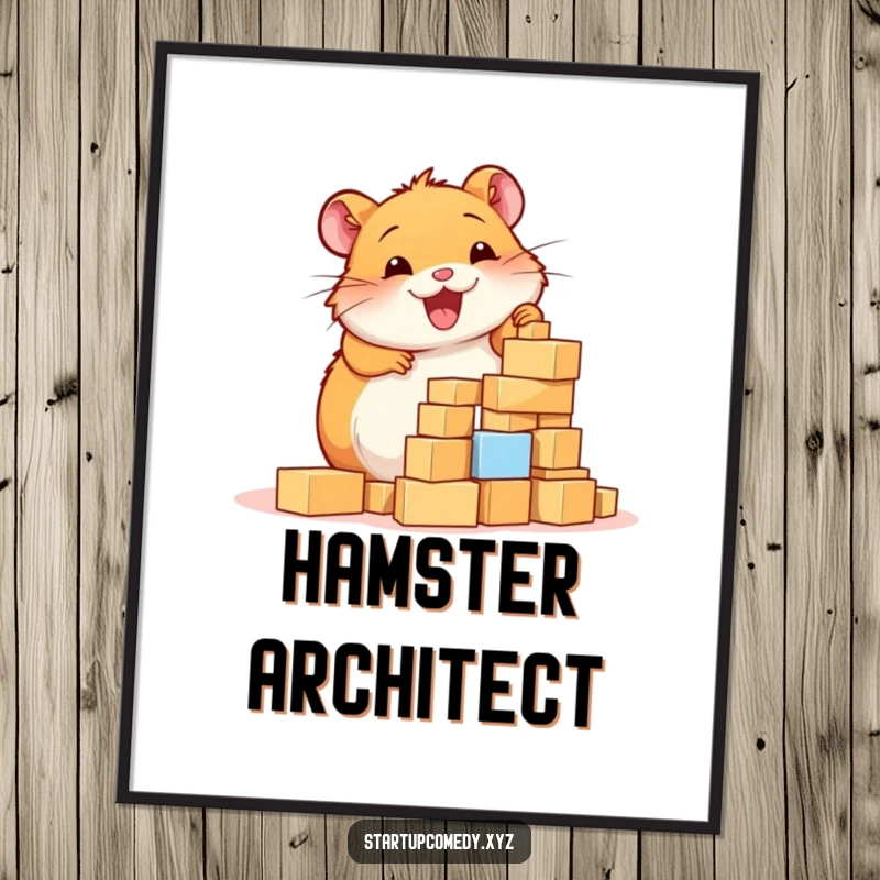 Funny Hamster Digital Art Print, a cheerful hamster enthusiastically building a tower of tiny blocks, conveying diligence and charm.
