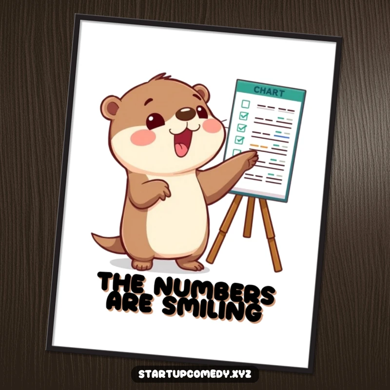 Funny Otter Digital Art Print of a character pointing at a positive chart, symbolizing achievement.