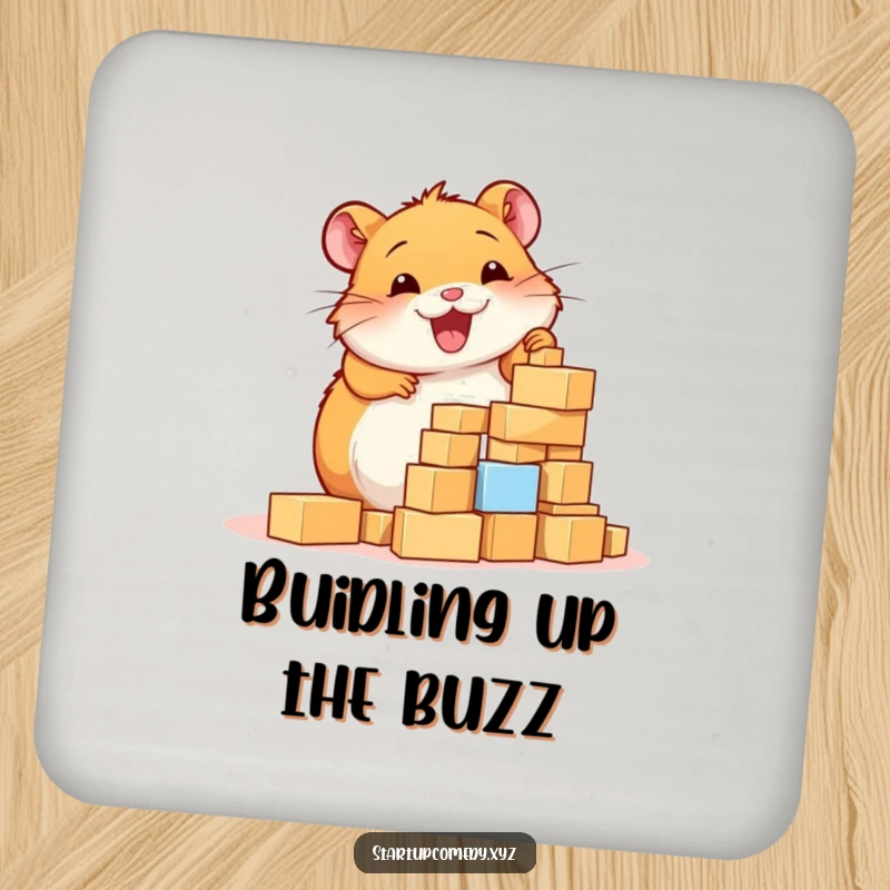Funny Hamster Drink Coaster, a cheerful hamster enthusiastically building a tower of tiny blocks, bringing cute construction to any table.