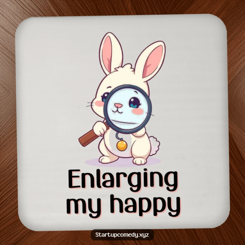 Funny bunny coaster, brave rabbit with magnifying glass, focused on detail, protecting furniture, small humorous accessory gift.