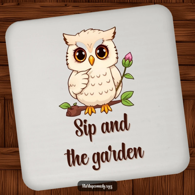 Funny owl coaster, focused character pointing at a plant, protecting furniture, wise charm, small humorous accessory gift.