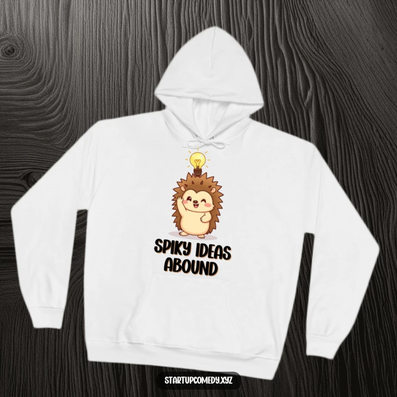Funny Hedgehog Hoodie with a bright lightbulb overhead, celebrating intelligence and comfort.