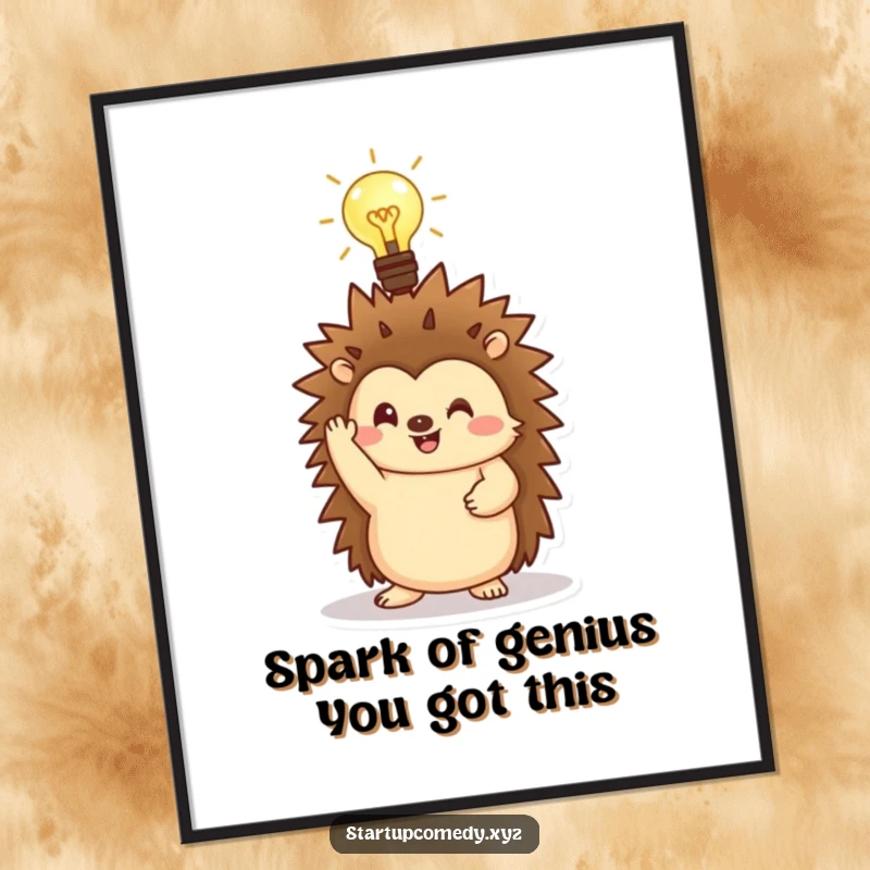 Funny Free Printable Wall Art: Cheerful hedgehog character holding a glowing lightbulb above its head, symbolizing inspiration and smart ideas.
