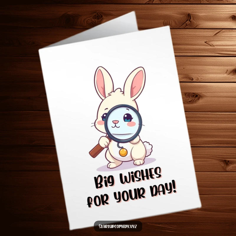 Funny Free Printable Birthday Card: Bunny holding a large magnifying glass, curiously examining something small, ready for birthday surprises.