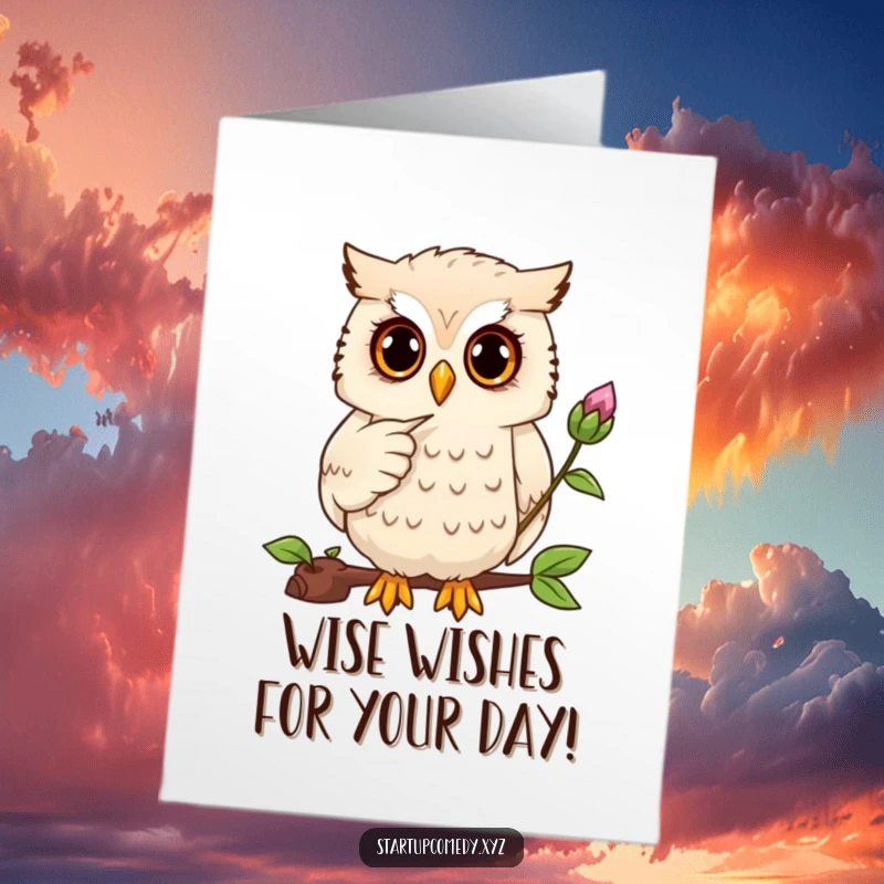Funny Free Printable Birthday Card: Focused owl pointing at a budding plant, symbolizing growth and new beginnings for their birthday.
