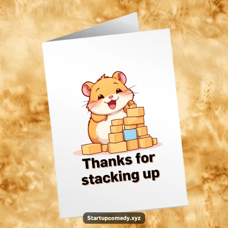 Funny free printable thank you card: a cheerful hamster diligently building a block tower, representing thoughtful gratitude.