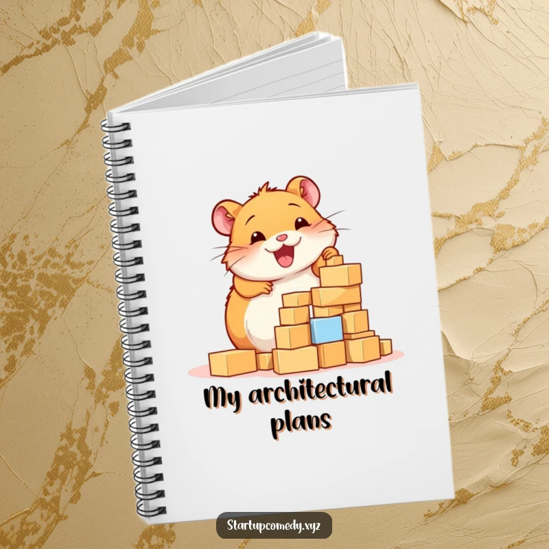 Funny Hamster Notebook, a cheerful hamster enthusiastically building a tower of tiny blocks, perfect for planning constructions.