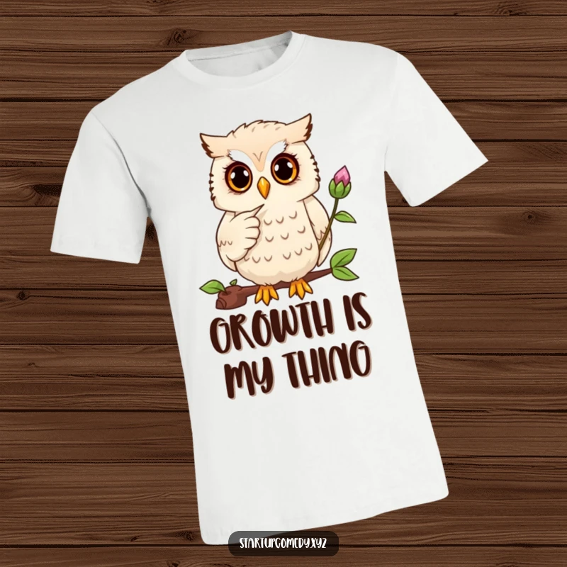 Funny owl t-shirt, focused character pointing at small plant, wise guidance, nature lover gift, botanical humor.