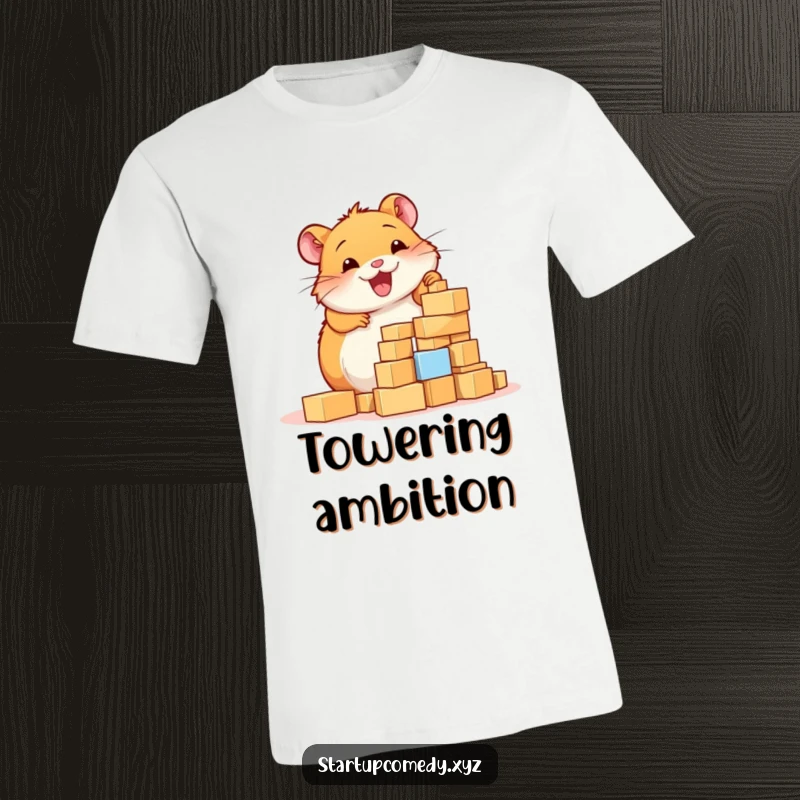 Funny Hamster T-Shirt, a cheerful hamster enthusiastically building a tower of tiny blocks, showcasing its constructive passion.