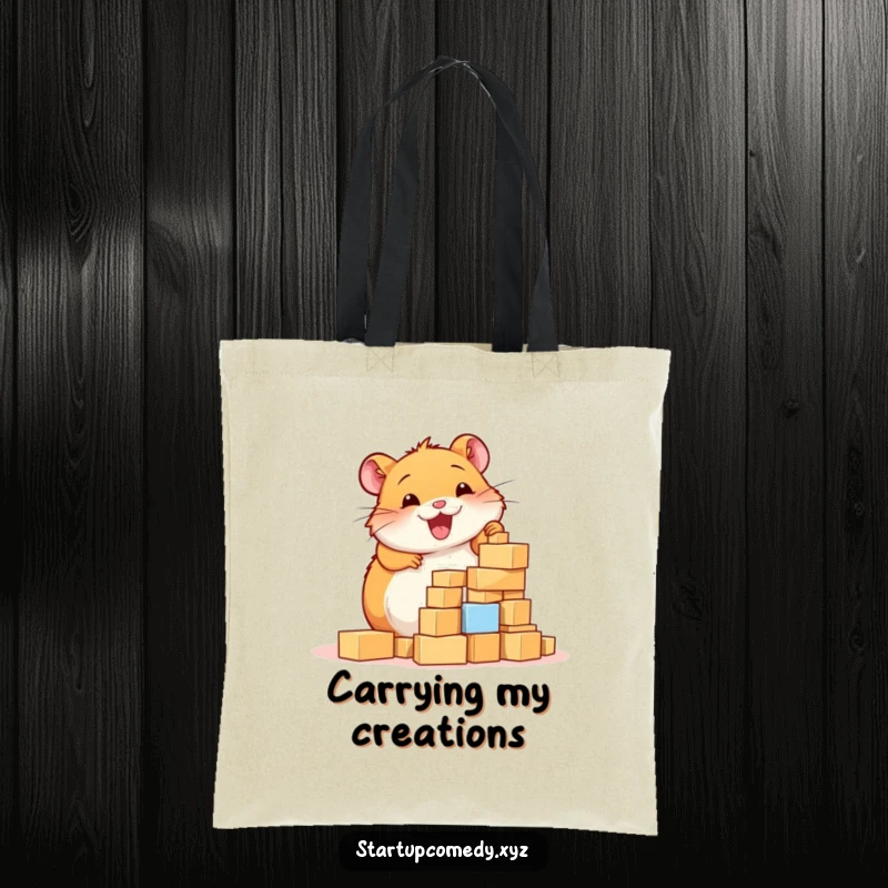 Funny Hamster Tote Bag, a cheerful hamster enthusiastically building a tower of tiny blocks, perfect for carrying supplies.
