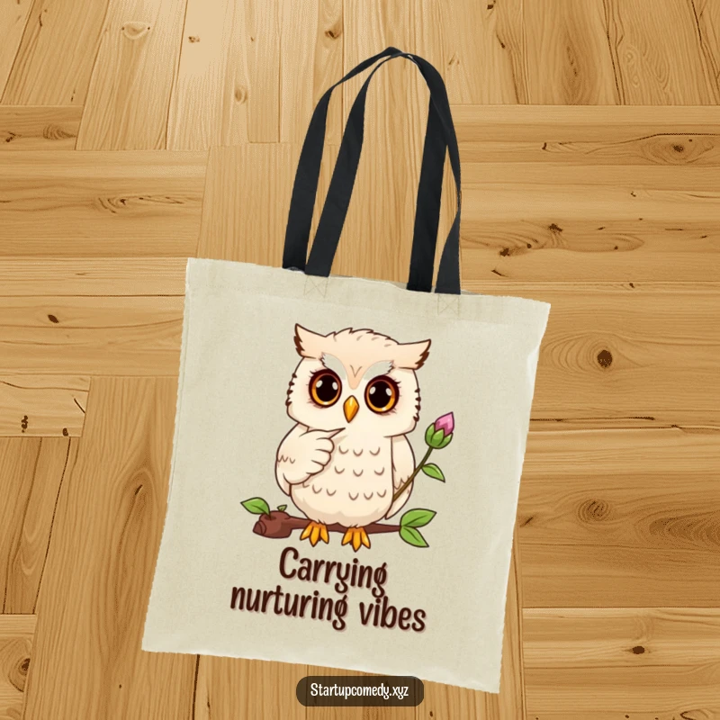 Funny owl tote bag, wise character pointing at budding plant, carrying gardening essentials, nature lover accessory gift.