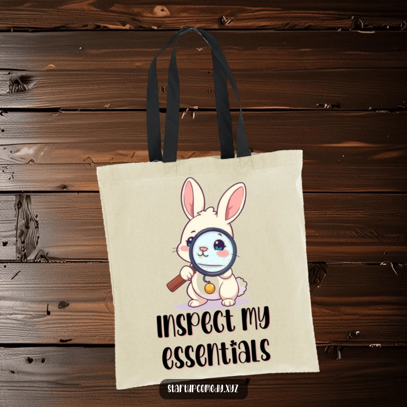 Funny bunny tote bag, brave investigator with magnifying glass, focused on small object, carrying discoveries, humorous accessory gift.
